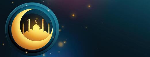 eid al adha shiny banner with golden crescent and mosque vector