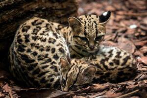 Margay, Leopardus wiedii, female with baby. Margay cats pair of hugging each other. photo