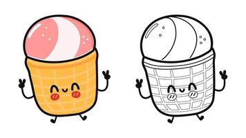 Funny cute happy Ice cream characters bundle set. Vector hand drawn cartoon kawaii character illustration icon. Cute Ice cream. Outline cartoon illustration for coloring book