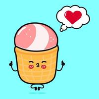 Ice cream doing yoga with speech bubble. Vector hand drawn cartoon kawaii character illustration icon. Isolated on blue background. Ice cream in love character concept