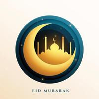 eid mubarak wishes card with beautiful golden moon and mosque design vector