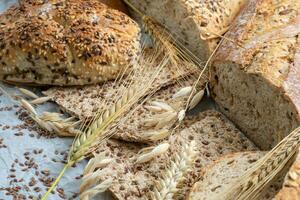 Assortment of baked goods on paper. Freshly of bakery products. photo