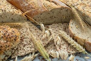 Assortment of baked goods on paper. Freshly of bakery products. photo