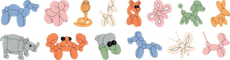 Set of balloon animals, dog, snake, rabbit, butterfly, elephant. Birthday celebration party. Fancy abstract characters isolated vector. Colorful drawing of inflatable toys made of twisted balloons vector