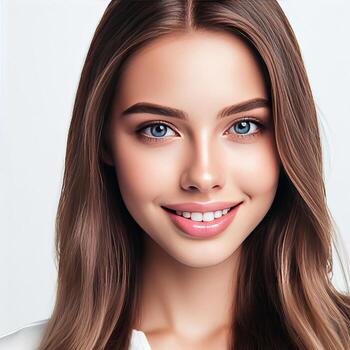 AI generated A Woman Smiling with Flawless Glowy Skin with Copy Space Isolated on the. White Background. AI generated photo