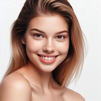 AI generated A Woman Smiling with Flawless Glowy Skin with Copy Space Isolated on the. White Background. AI generated photo