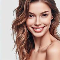 AI generated A Woman Smiling with Flawless Glowy Skin with Copy Space Isolated on the. White Background. AI generated photo