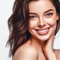 AI generated A Woman Smiling with Flawless Glowy Skin with Copy Space Isolated on the. White Background. AI generated photo