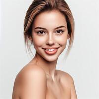 AI generated A Woman Smiling with Flawless Glowy Skin with Copy Space Isolated on the. White Background. AI generated photo