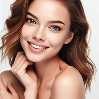 AI generated A Woman Smiling with Flawless Glowy Skin with Copy Space Isolated on the. White Background. AI generated photo