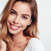 AI generated A Woman Smiling with Flawless Glowy Skin with Copy Space Isolated on the. White Background. AI generated photo