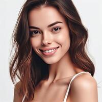 AI generated A Woman Smiling with Flawless Glowy Skin with Copy Space Isolated on the. White Background. AI generated photo