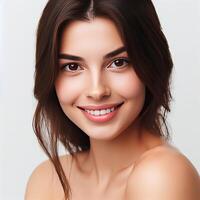 AI generated A Woman Smiling with Flawless Glowy Skin with Copy Space Isolated on the. White Background. AI generated photo