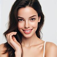 AI generated A Woman Smiling with Flawless Glowy Skin with Copy Space Isolated on the. White Background. AI generated photo