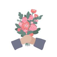 Man's hands holding flowers Valentines day 14 February vector