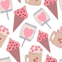 Valentines day flat design seamless pattern with ice cream candies and mug vector