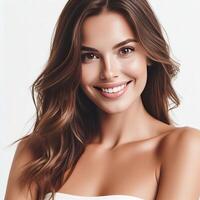 AI generated A Woman Smiling with Flawless Glowy Skin with Copy Space Isolated on the. White Background. AI generated photo