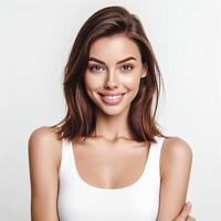 AI generated A Woman Smiling with Flawless Glowy Skin with Copy Space Isolated on the. White Background. AI generated photo