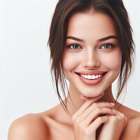 AI generated A Woman Smiling with Flawless Glowy Skin with Copy Space Isolated on the. White Background. AI generated photo