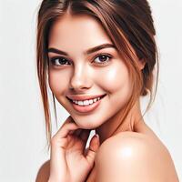 AI generated A Woman Smiling with Flawless Glowy Skin with Copy Space Isolated on the. White Background. AI generated photo