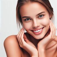 AI generated A Woman Smiling with Flawless Glowy Skin with Copy Space Isolated on the. White Background. AI generated photo