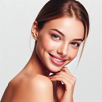 AI generated A Woman Smiling with Flawless Glowy Skin with Copy Space Isolated on the. White Background. AI generated photo