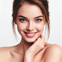 AI generated A Woman Smiling with Flawless Glowy Skin with Copy Space Isolated on the. White Background. AI generated photo