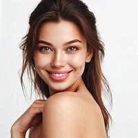 AI generated A Woman Smiling with Flawless Glowy Skin with Copy Space Isolated on the. White Background. AI generated photo