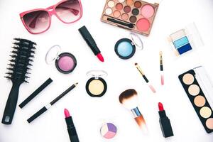 Set of decorative cosmetics for women on white background photo