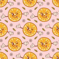 Orange a cute retro cartoon character. Groovy vintage summer seamless pattern. Trendy old style. 1970s. Tropical exotic fruits. Healthy food. For menu, cafe, wallpaper. Veganuary. vector