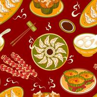 Traditional Asian food for Chinese New Year, seamless pattern. Nian Gao, rice cake. Fa Gao. Southern rice balls Ningbo. Soup balls. Candied hawthorns. Jiaozi. dumplings. chopsticks, soy sauce, cafe. vector