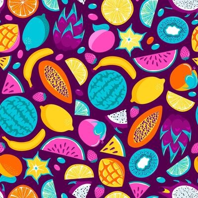 Tropical exotic fruits in neon colors. Seamless pattern in retro style, Y2k. Fresh lemon, lime, watermelon, pitahaya, dragon, star fruit, papaya, mango and kiwi. Healthy food. Veganuary. cafe