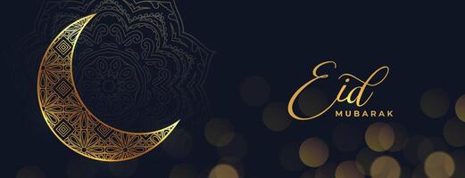 bokeh style eid mubarak greeting banner with golden islamic moon vector