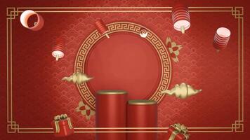 3D red background chinese new year with minimalist podium, suitable for product promotion video