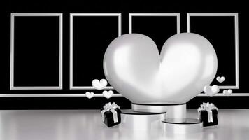 dia dos namorados dia venda luxo quadro branco coração e presente caixa Preto fundo 3d ilustração com pódio para seu produtos promoção video