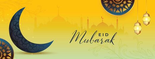 beautiful eid mubarak moon and mosque wallpaper with lantern vector