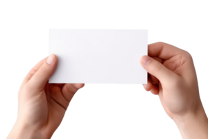 AI generated Close up hand men holding white paper blank for letter paper on transparent background. png