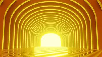 Empty gold tunnel corridor. Abstract interior curved frame geometric structure design for trade show display background. video