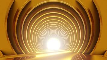 Empty gold tunnel corridor. Abstract interior curved frame geometric structure design for trade show display background. video