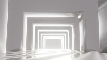 3D rendering of an empty white tunnel corridor. Abstract interior square geometric structure design for commercial background display. video