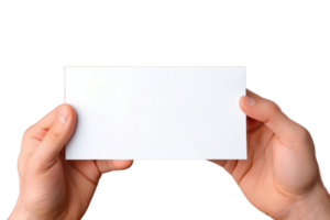 AI generated Close up hand men holding white paper blank for letter paper on transparent background. png