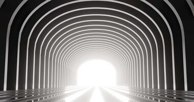 Dark corridor with light at end of tunnel. Abstract interior curved geometric structure design video