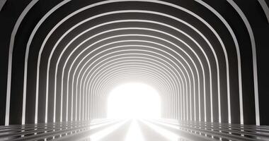 Dark corridor with light at end of tunnel. Abstract interior curved geometric structure design video