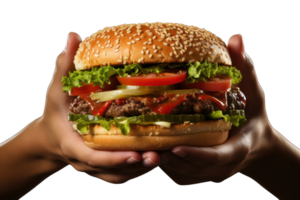 ai generiert Hände halten Hamburger auf transparent Hintergrund, png