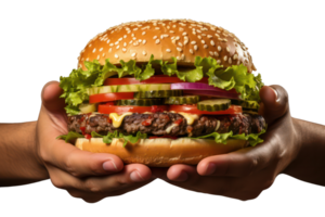 ai generiert Hände halten Hamburger auf transparent Hintergrund, png