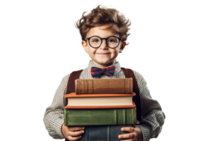 Funny smiling child school boy with glasses hold books on transparent background. png