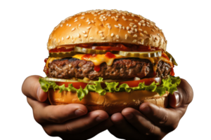 ai generiert Hände halten Hamburger auf transparent Hintergrund, png