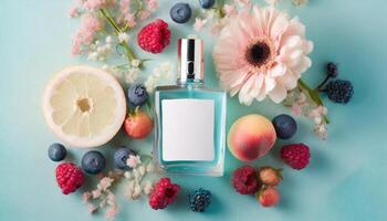 Transparent perfume bottle mock up with flowers, berries, fruits on background photo