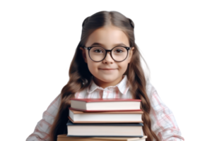 AI generated Funny smiling child school girl with glasses hold books on transparent background. png