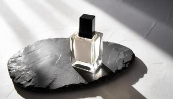 Mockup of galss transparent perfume bottle on stone plate and shadows photo